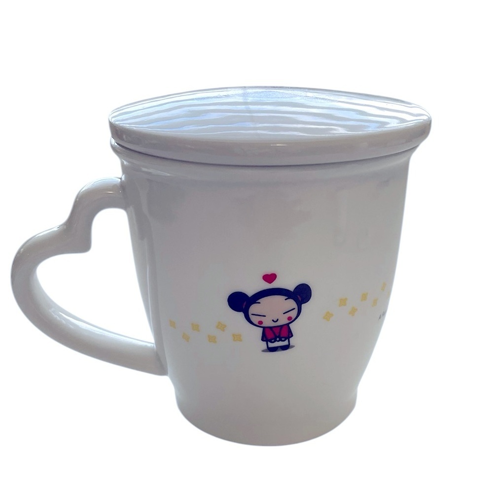 PUCCA Coffee Tea Ceramic Mug Cup with Lid and heart shape handle - NWOT